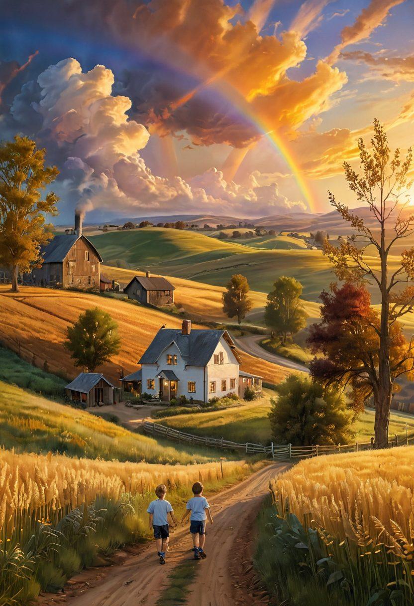 A peaceful rural landscape during sunset, featuring golden fields of wheat, a cozy farmhouse with smoke rising from the chimney, and joyful children playing in the foreground. In the background, gentle hills cradle a rainbow arching over the scene, symbolizing hope and happiness. Lush trees and a winding dirt path invite viewers into this serene environment. vibrant colors. super-realistic. idyllic atmosphere.