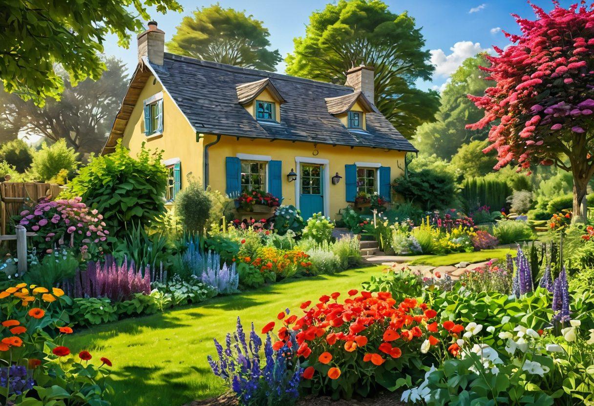 A serene countryside scene featuring a lush garden bursting with colorful flowers and vegetables, a cozy, eco-friendly cottage in the background, a person tending to the garden with a joyful expression, soft sunlight filtering through trees, birds singing in the distance. super-realistic. vibrant colors. peaceful atmosphere.