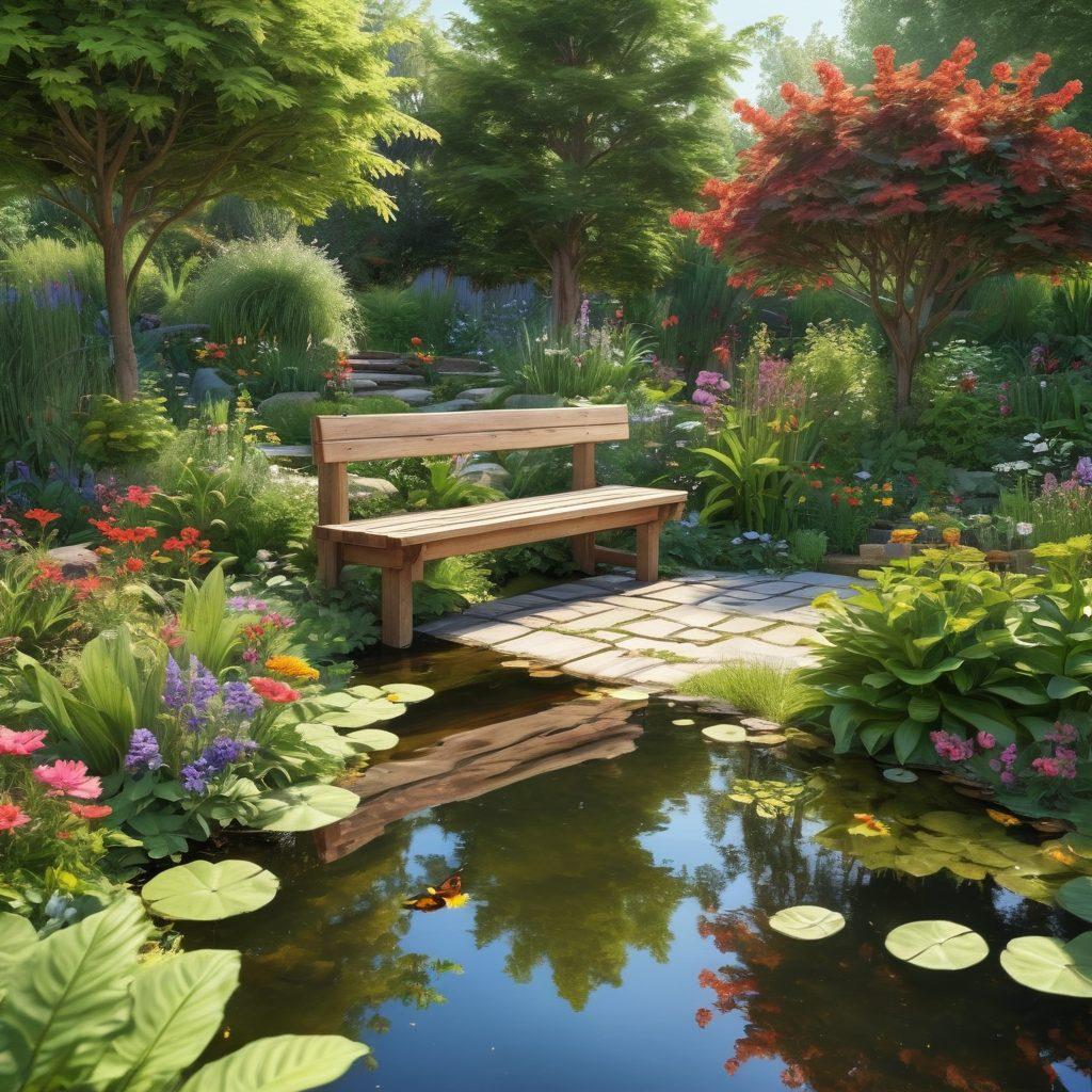 A serene garden with lush greenery, vibrant flowers, and a small pond reflecting the sky. Wooden benches and eco-friendly decorations made from natural materials invite relaxation. Soft sunlight filters through leafy trees, creating a peaceful atmosphere. Bees and butterflies flutter around, emphasizing the harmony of nature. tranquil vibes. super-realistic. vibrant colors.
